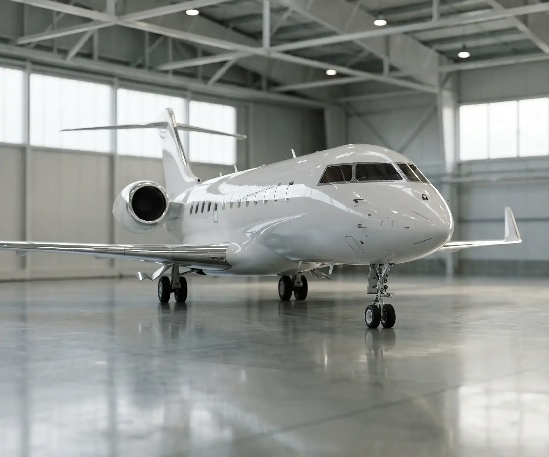 Freshly detailed private jet with a gleaming white fuselage inside a modern hangar