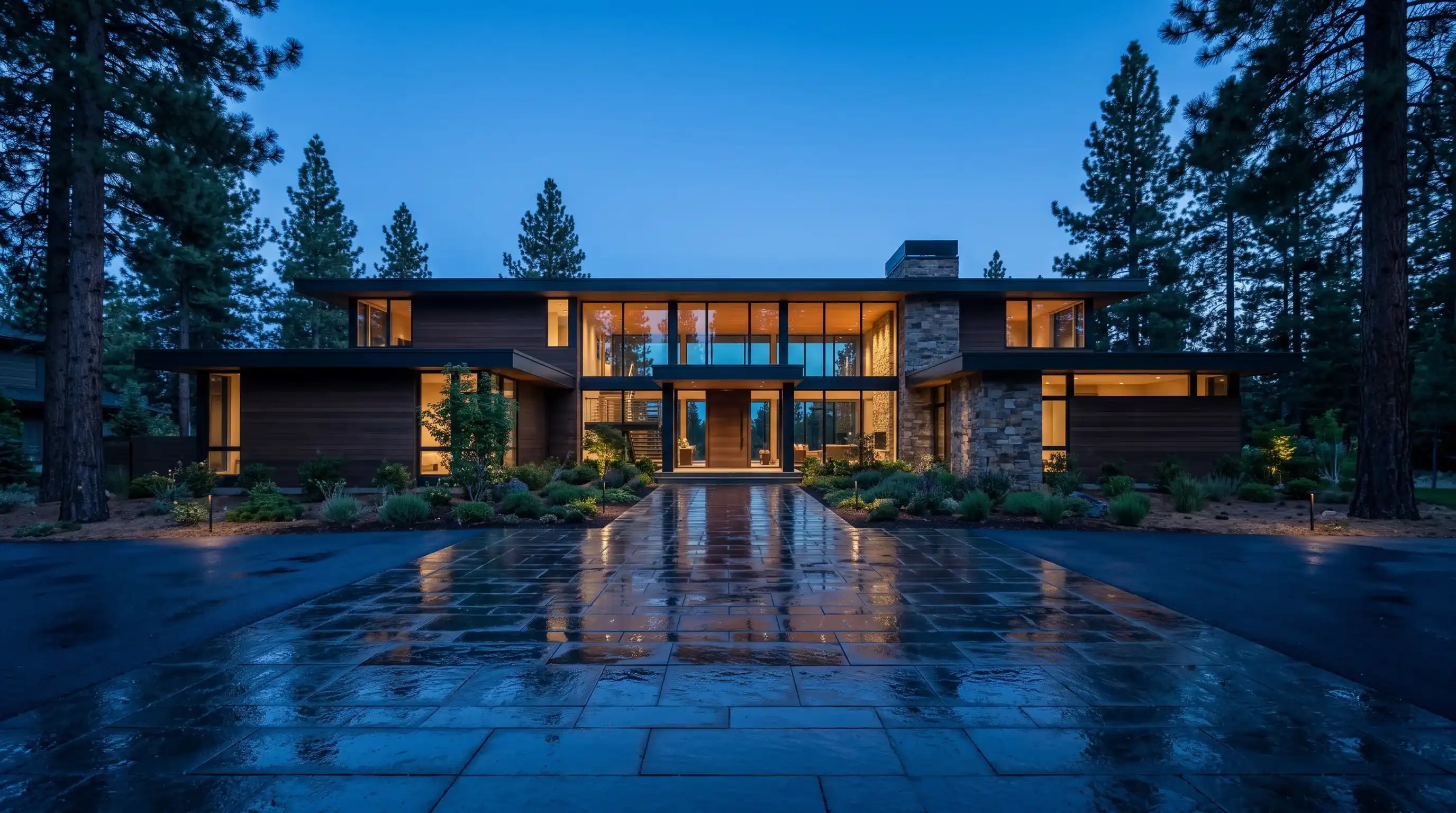 Immaculate modern estate glowing at dusk, freshly washed stone driveway reflecting the interior light
