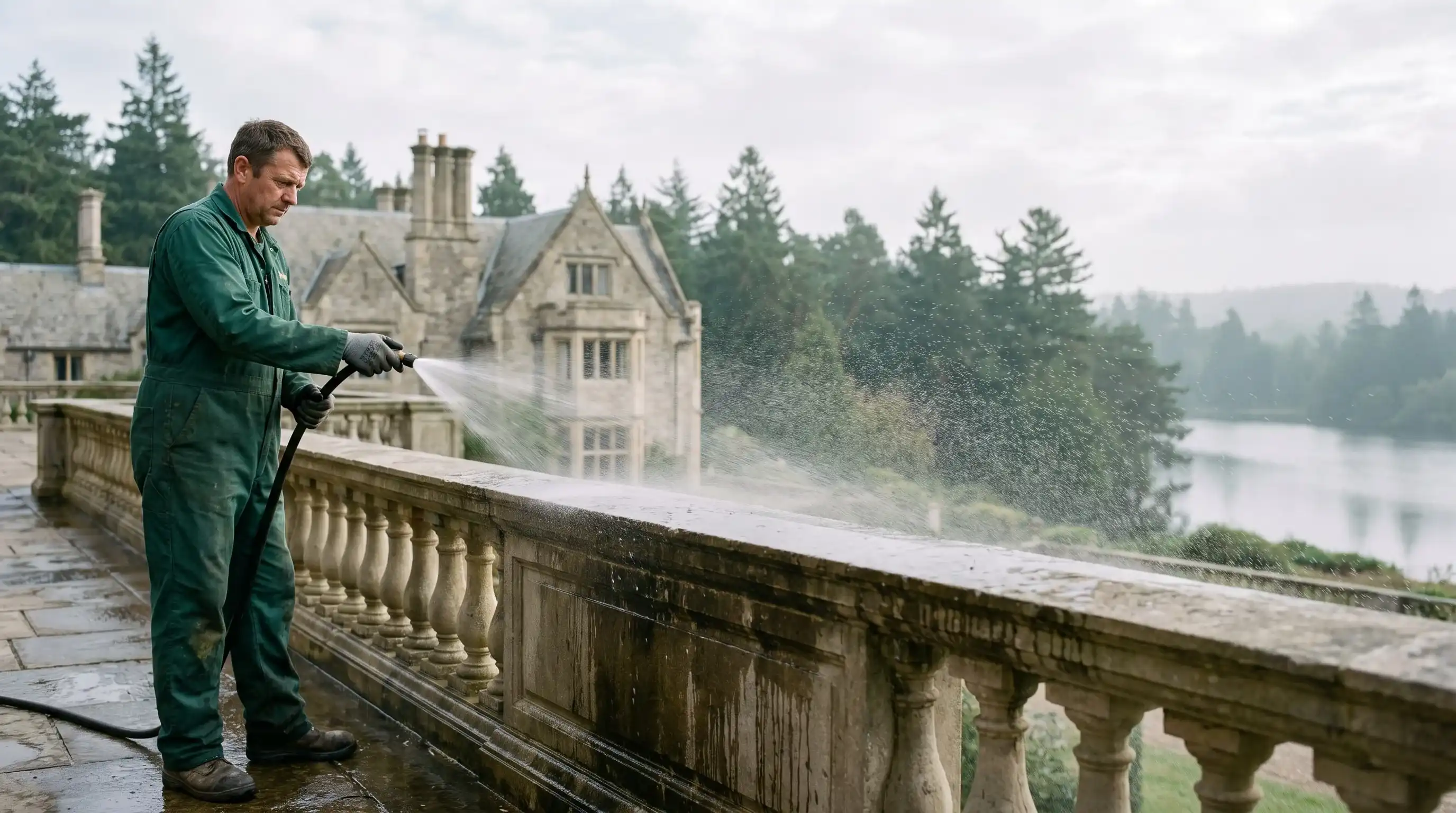 Technician in a deep green uniform rinsing a limestone balustrade at a lakeside stone manor