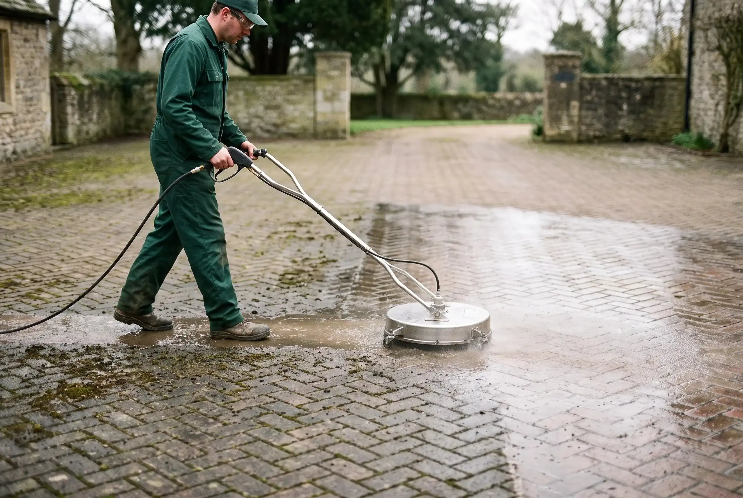 A stone paver driveway half-cleaned with a crisp line between the dark weathered half and the bright restored half