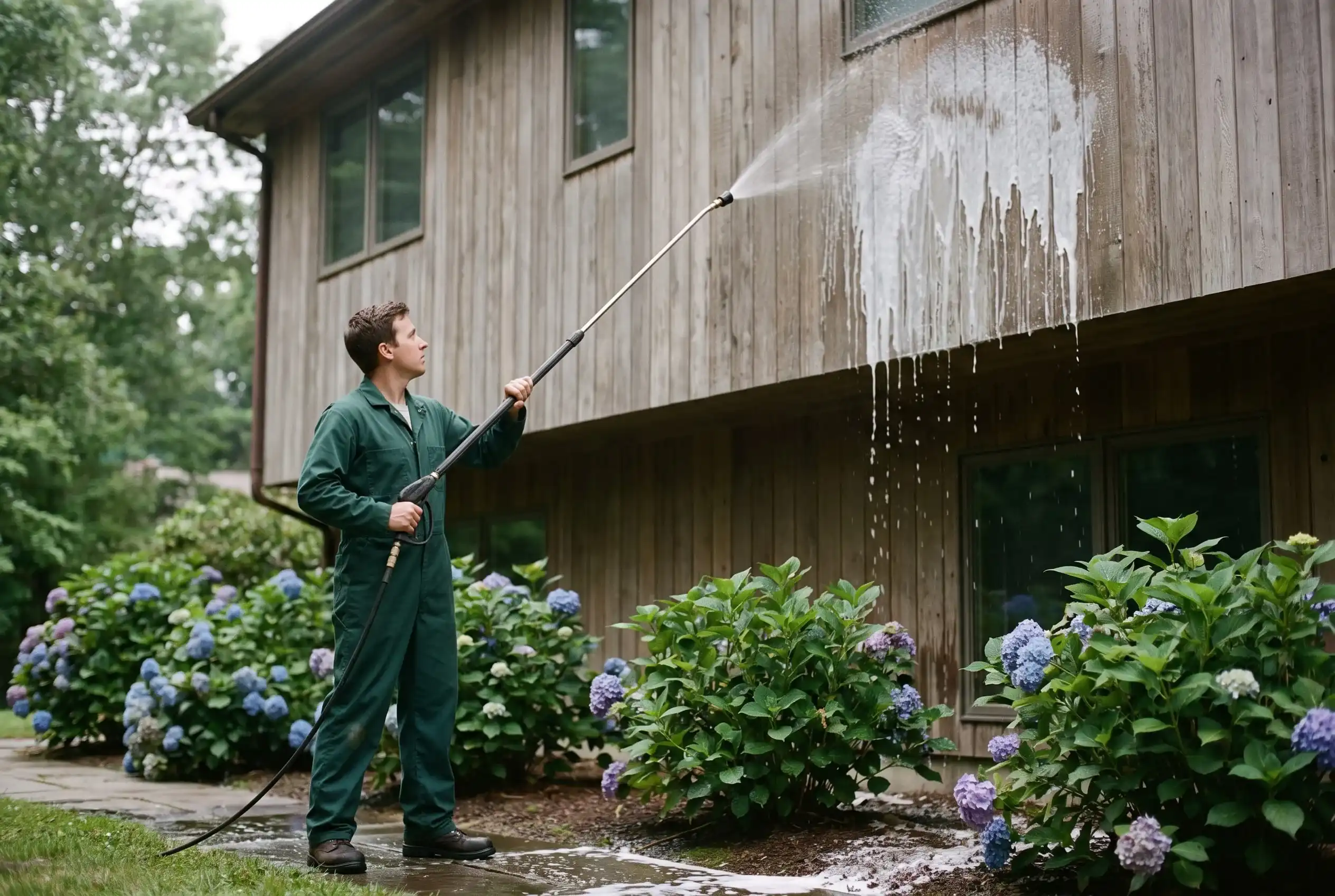 Technician in a deep green uniform soft washing white board-and-batten siding with a long low-pressure wand