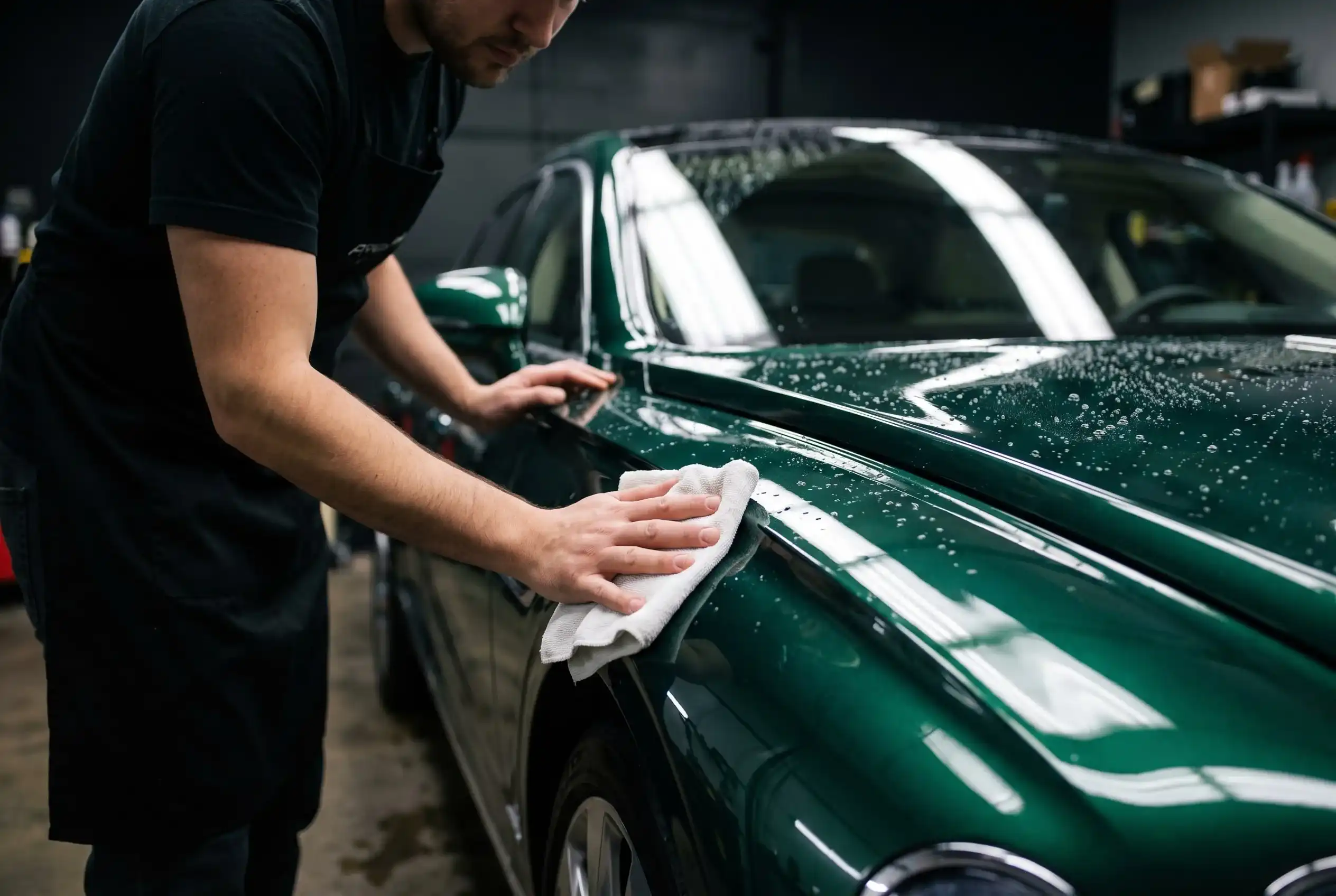Detailer hand-polishing the fender of a deep emerald green luxury sedan with water beading on ceramic-coated paint
