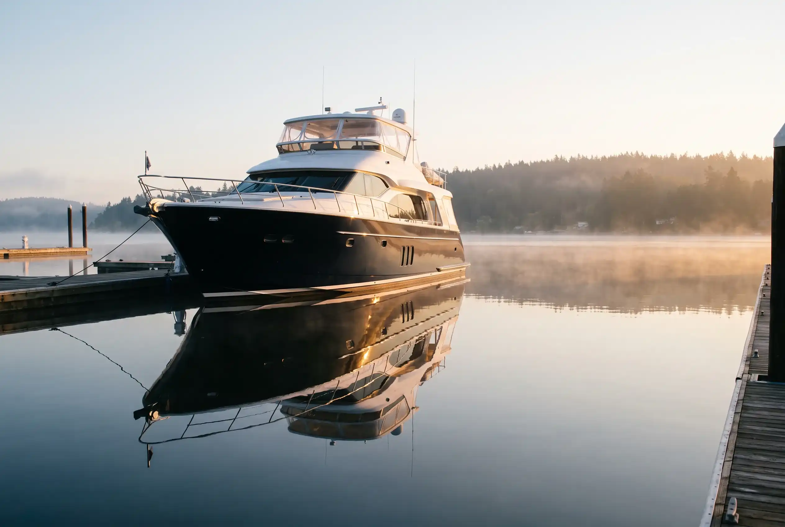 Luxury motor yacht with a freshly polished navy hull moored at a calm marina at dawn
